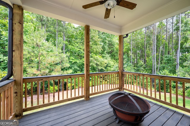 63 Brookstone Park E, Acworth, GA 30101 - wooden terrace featuring a ceiling fan and a view of trees