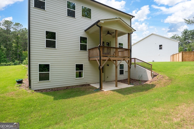 63 Brookstone Park E, Acworth, GA 30101 - rear view of house with a ceiling fan, a patio area, a lawn, and a deck