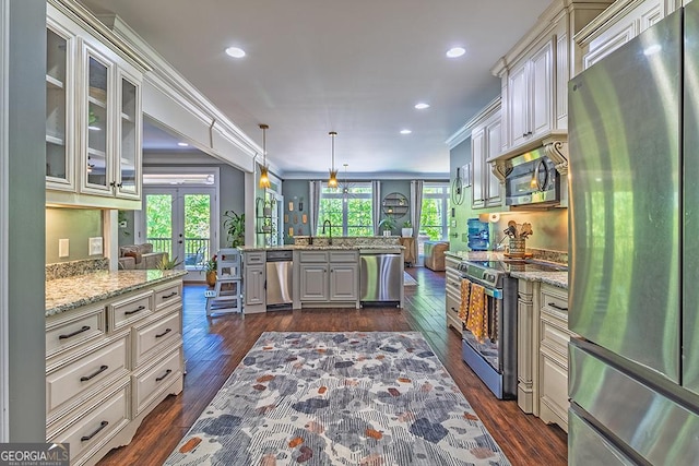 1122 Irongate, Macon, GA 31220 - kitchen with dark wood-style flooring, french doors, glass insert cabinets, and appliances with stainless steel finishes