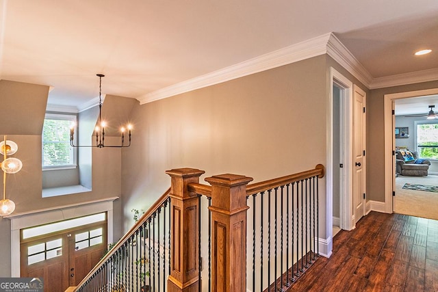 1122 Irongate, Macon, GA 31220 - hallway featuring an upstairs landing, baseboards, ornamental molding, and dark wood-style floors