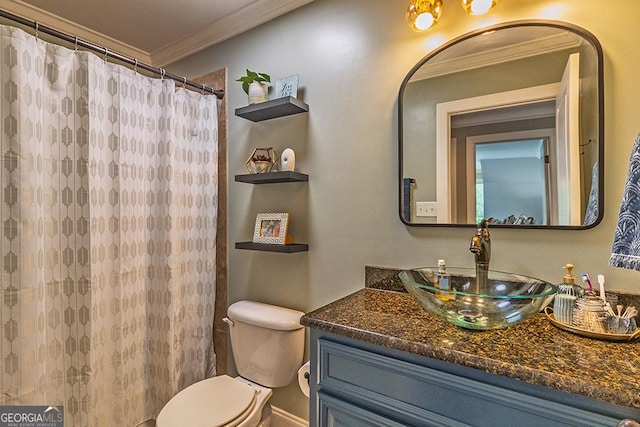 1122 Irongate, Macon, GA 31220 - bathroom featuring toilet, baseboards, a shower with shower curtain, vanity, and crown molding