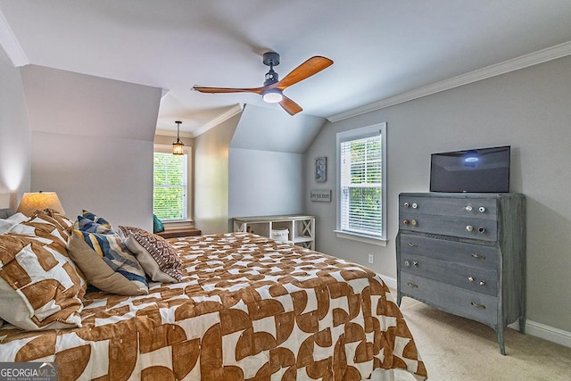 1122 Irongate, Macon, GA 31220 - bedroom with ornamental molding, vaulted ceiling, light carpet, a ceiling fan, and baseboards