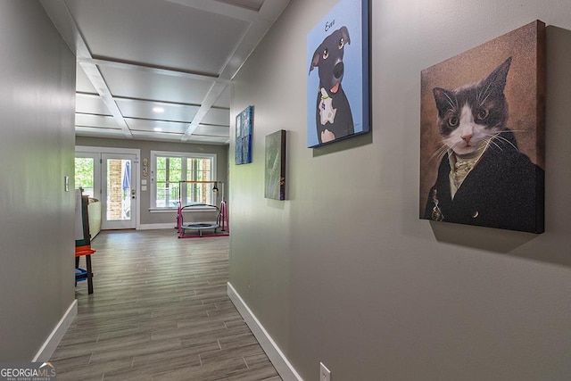 1122 Irongate, Macon, GA 31220 - corridor with coffered ceiling, wood finished floors, baseboards, and beamed ceiling