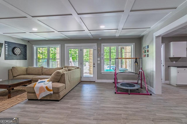 1122 Irongate, Macon, GA 31220 - living room with recessed lighting, coffered ceiling, baseboards, light wood finished floors, and beam ceiling