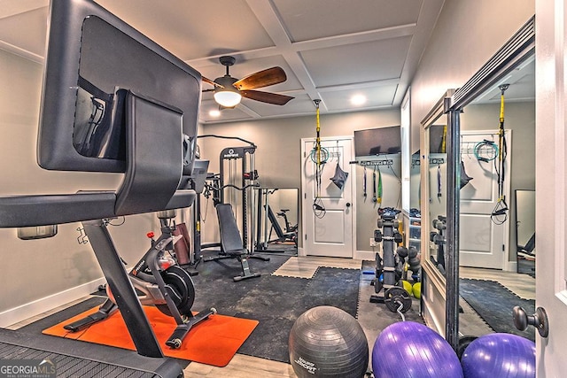 1122 Irongate, Macon, GA 31220 - workout room featuring a ceiling fan, baseboards, and coffered ceiling