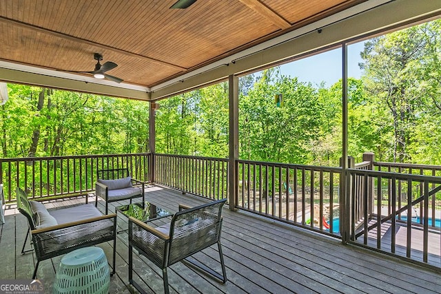 1122 Irongate, Macon, GA 31220 - wooden terrace featuring an outdoor living space, an outdoor pool, and ceiling fan