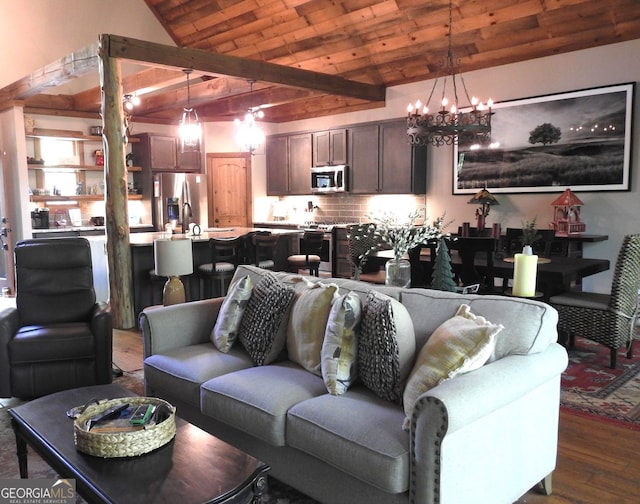 living area with wood ceiling, an inviting chandelier, vaulted ceiling with beams, and wood finished floors