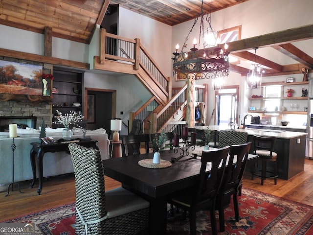 366 Shepherds Way, Morganton, GA 30560 - dining area featuring a chandelier, wood finished floors, stairway, high vaulted ceiling, and wooden ceiling