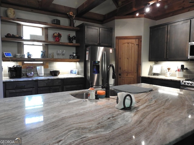 366 Shepherds Way, Morganton, GA 30560 - kitchen featuring stainless steel appliances, open shelves, light stone countertops, and beamed ceiling