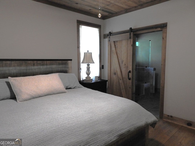 366 Shepherds Way, Morganton, GA 30560 - bedroom featuring dark wood-style flooring, a barn door, baseboards, and wooden ceiling