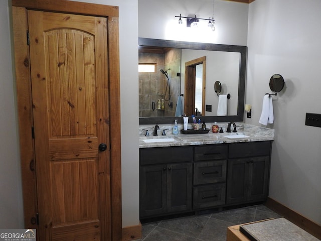 366 Shepherds Way, Morganton, GA 30560 - bathroom with tiled shower, double vanity, tile patterned flooring, and baseboards