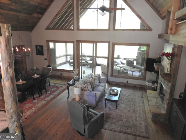 366 Shepherds Way, Morganton, GA 30560 - living area featuring wood-type flooring, a chandelier, plenty of natural light, ceiling fan, and high vaulted ceiling