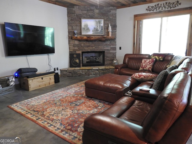 366 Shepherds Way, Morganton, GA 30560 - living room featuring wood ceiling, a fireplace, and concrete floors