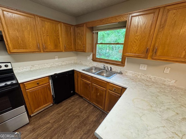 1048 Brandon Ln, Stone Mountain, GA 30083 - kitchen featuring dishwasher, a sink, brown cabinets, dark wood-type flooring, and stainless steel range with electric stovetop