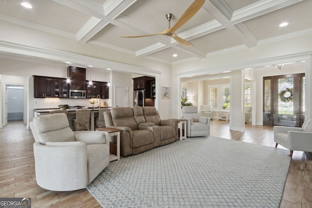 106 Jake Colton Dr, Kingsland, GA 31548 - living room featuring coffered ceiling, a ceiling fan, and beam ceiling