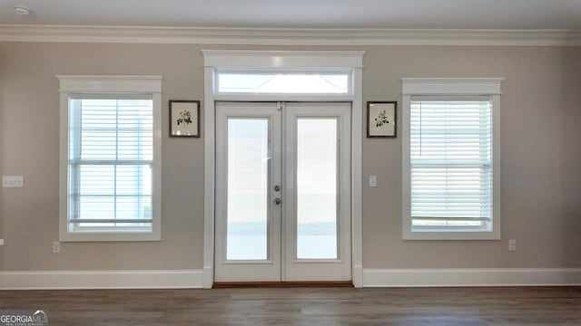 216 Morningside Dr, Thomasville, GA 31792 - doorway with crown molding, baseboards, french doors, and dark wood-type flooring