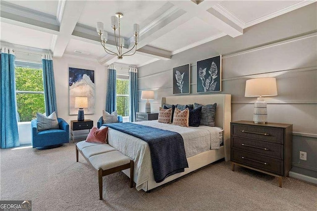 bedroom featuring carpet, coffered ceiling, and beam ceiling