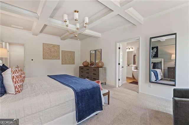 carpeted bedroom with coffered ceiling, beam ceiling, baseboards, and crown molding