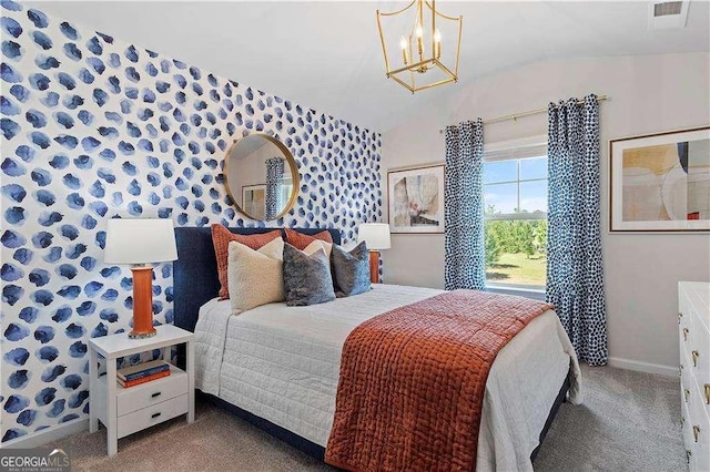 bedroom featuring carpet floors, a notable chandelier, baseboards, and wallpapered walls