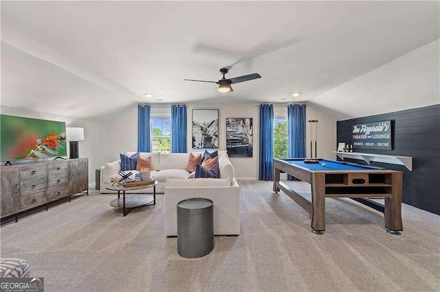 game room featuring vaulted ceiling, pool table, and carpet floors