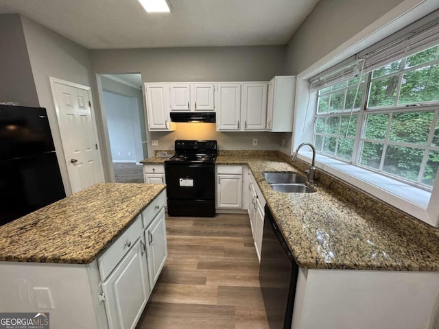kitchen featuring black appliances, stone counters, ventilation hood, and a sink