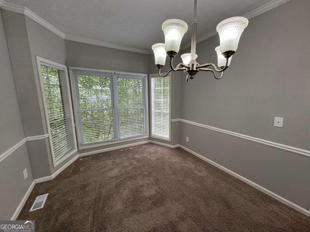unfurnished dining area featuring a healthy amount of sunlight, an inviting chandelier, and carpet