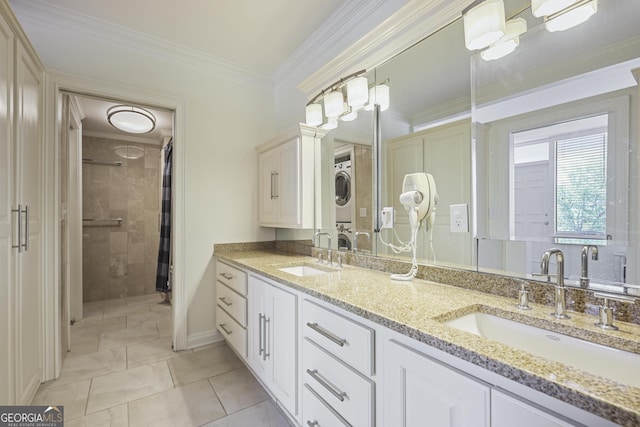 bathroom featuring stacked washer / drying machine, double vanity, ornamental molding, marble look tile flooring, and a shower with curtain