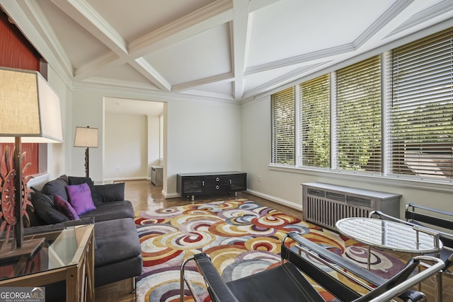 living room featuring coffered ceiling, baseboards, beam ceiling, and crown molding