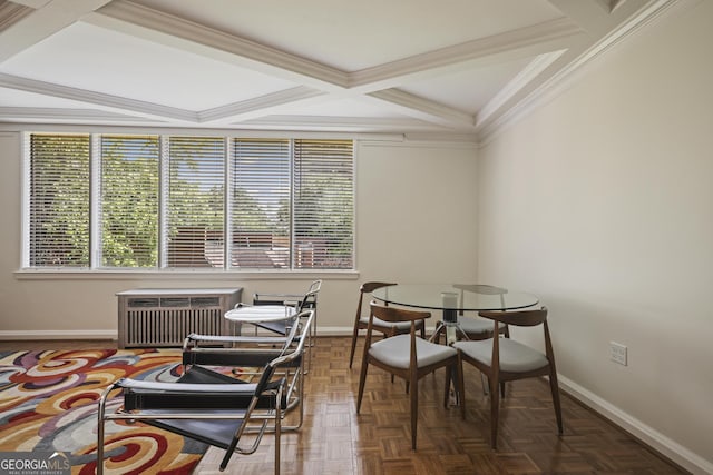 dining space with baseboards, coffered ceiling, beamed ceiling, crown molding, and radiator