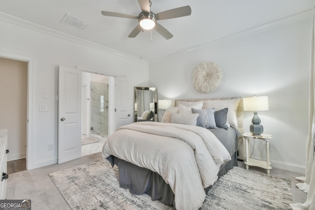 3313 Bartee Walk, Suwanee, GA 30024 - carpeted bedroom with crown molding, ensuite bath, and ceiling fan