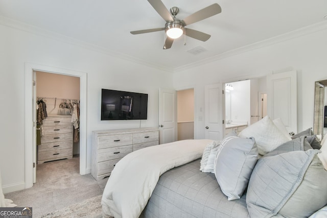 3313 Bartee Walk, Suwanee, GA 30024 - bedroom with a walk in closet, ornamental molding, light colored carpet, a closet, and ensuite bathroom
