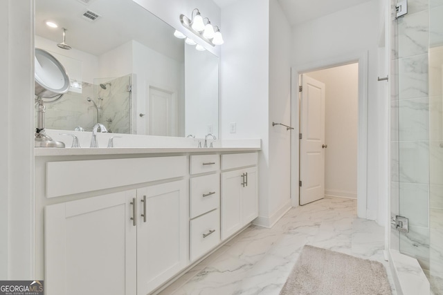 3313 Bartee Walk, Suwanee, GA 30024 - full bath featuring marble finish floor, visible vents, a sink, double vanity, and a marble finish shower