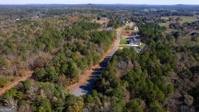 bird's eye view with a wooded view