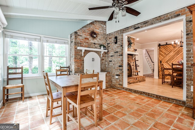 2244 Deer Ridge Dr, Tucker, GA 30087 - dining room with ceiling fan, beamed ceiling, a chandelier, brick wall, and light stone finish floors