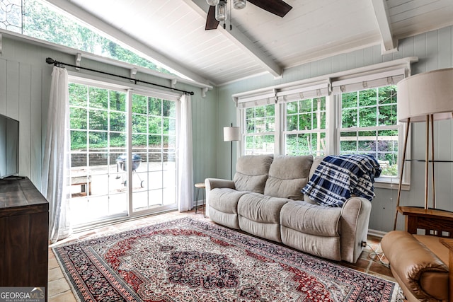 2244 Deer Ridge Dr, Tucker, GA 30087 - living room featuring a ceiling fan and wood ceiling