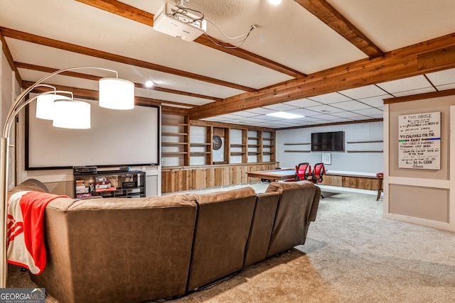 2244 Deer Ridge Dr, Tucker, GA 30087 - cinema featuring carpet flooring, beam ceiling, and wooden walls