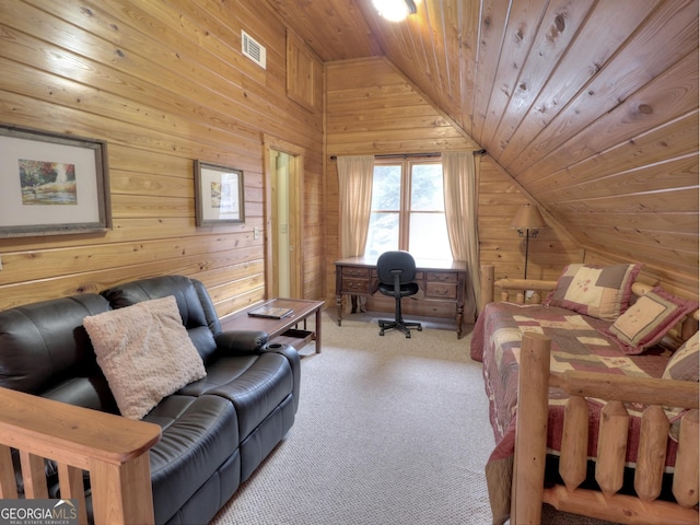 carpeted bedroom featuring vaulted ceiling, wood walls, wood ceiling, and visible vents