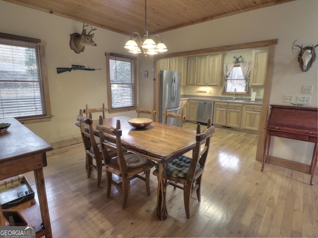 dining space featuring a wealth of natural light, light wood-style floors, an inviting chandelier, and wood ceiling