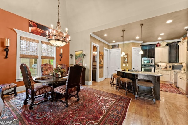533 Birch River Dr Unit 17, Dahlonega, GA 30533 - dining area featuring a chandelier, baseboards, ornamental molding, recessed lighting, and light wood finished floors