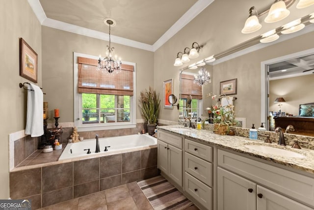 533 Birch River Dr Unit 17, Dahlonega, GA 30533 - full bath with a chandelier, double vanity, a bath, tile patterned flooring, and ornamental molding