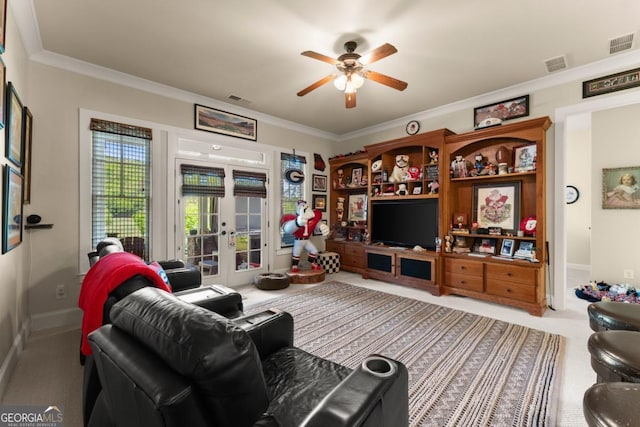 533 Birch River Dr Unit 17, Dahlonega, GA 30533 - living area featuring crown molding, french doors, a ceiling fan, carpet flooring, and baseboards