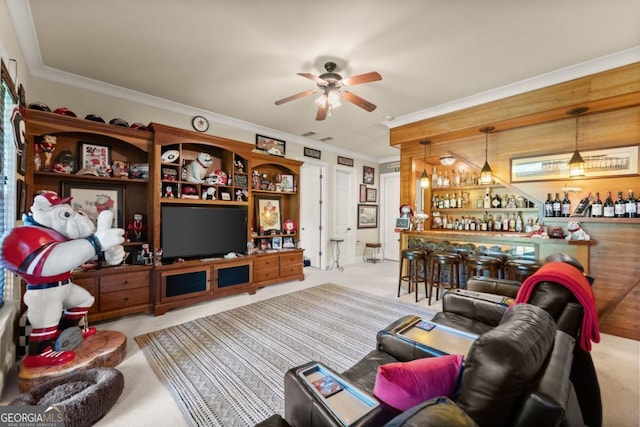 533 Birch River Dr Unit 17, Dahlonega, GA 30533 - living area featuring a dry bar, ornamental molding, a ceiling fan, and carpet floors