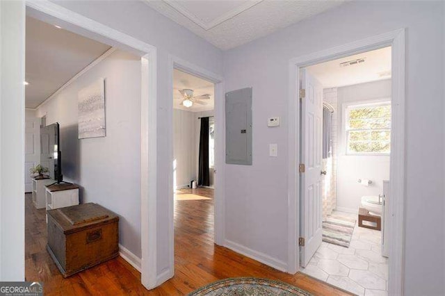 hall with electric panel, light wood finished floors, and baseboards