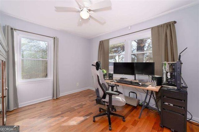 office area featuring baseboards, a healthy amount of sunlight, and wood finished floors