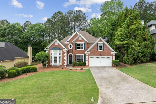 view of front facade featuring concrete driveway, a front yard, brick siding, and a garage