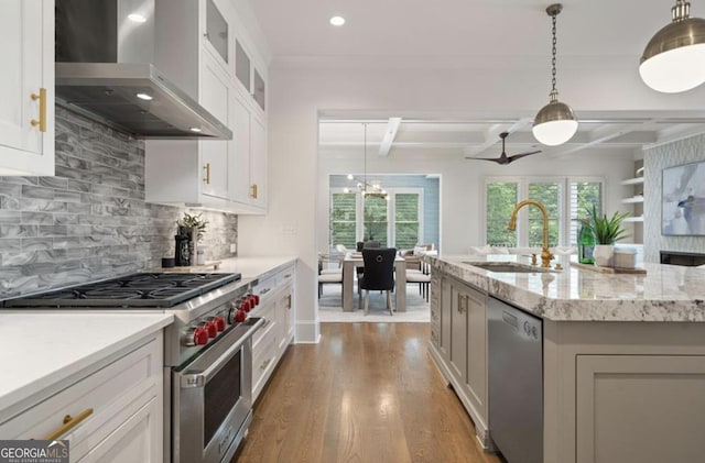 210 Marjean Way, Alpharetta, GA 30009 - kitchen with appliances with stainless steel finishes, a sink, wall chimney exhaust hood, tasteful backsplash, and white cabinetry