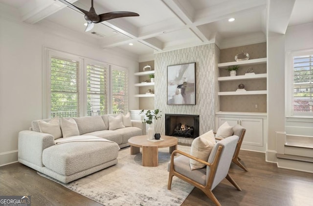 210 Marjean Way, Alpharetta, GA 30009 - living room featuring built in shelves, ceiling fan, dark wood finished floors, a large fireplace, and coffered ceiling
