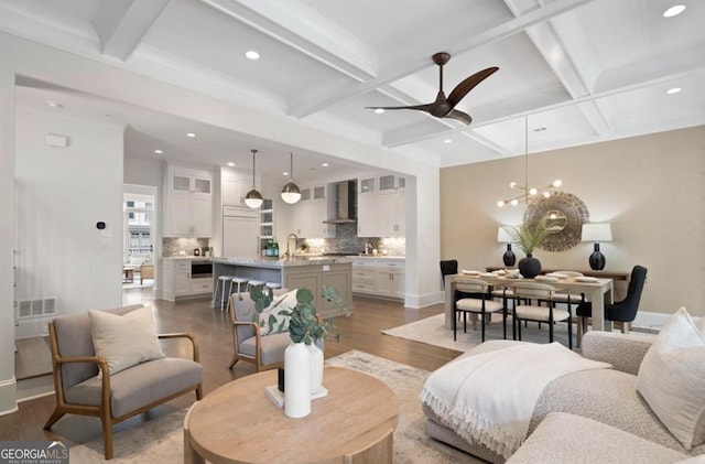 210 Marjean Way, Alpharetta, GA 30009 - living area featuring coffered ceiling, wood finished floors, beamed ceiling, recessed lighting, and ceiling fan