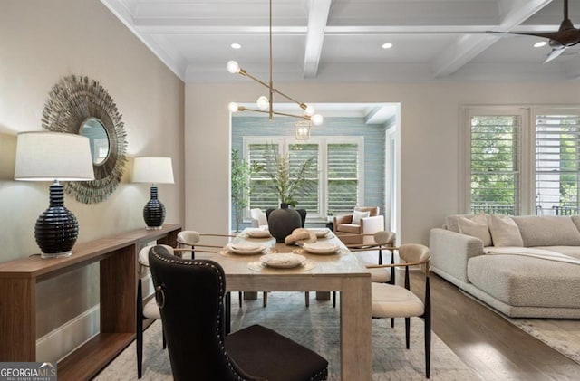 210 Marjean Way, Alpharetta, GA 30009 - dining area with wood finished floors, coffered ceiling, plenty of natural light, beam ceiling, and a ceiling fan