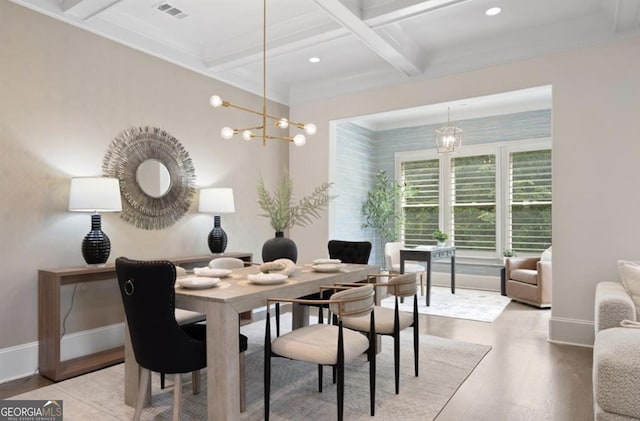 210 Marjean Way, Alpharetta, GA 30009 - dining room featuring coffered ceiling, light wood-style floors, beamed ceiling, baseboards, and recessed lighting